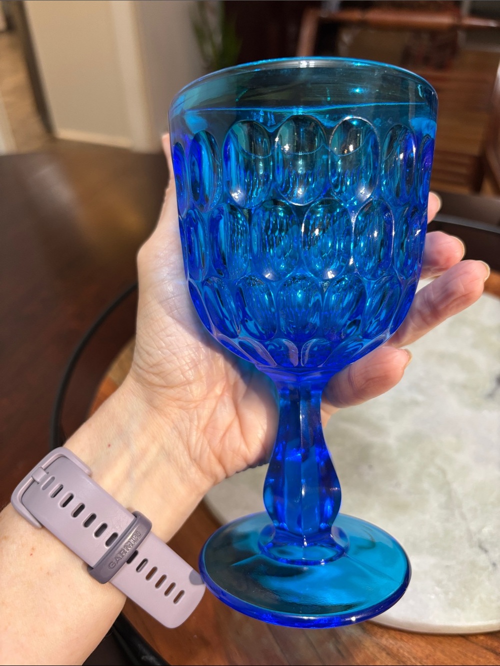 Blue Fenton glass thumbprint water goblet - Picture 4 of 7